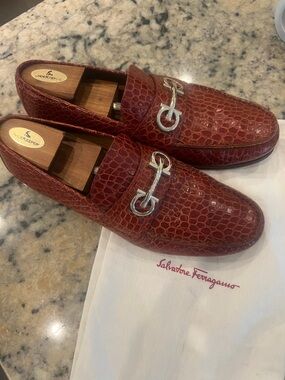 Salvatore Ferragamo Brown Croc-Embossed Leather Bit Loafers